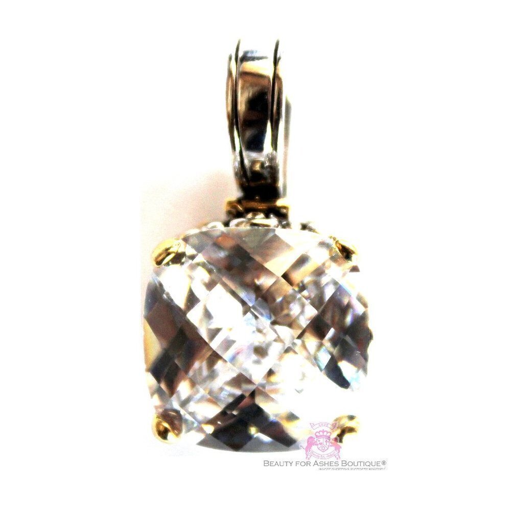 Multi Faceted Throne Room Clear White Checker Cushion Cut Two Tone Cz Pendant